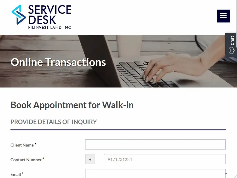 Filinvest Service Desk online page for booking a walk-in appointment